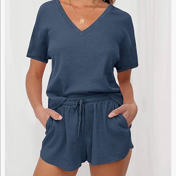 NWT Short Sleeve Waffle Pajama Set (navy blue ) - Picture 2 of 5